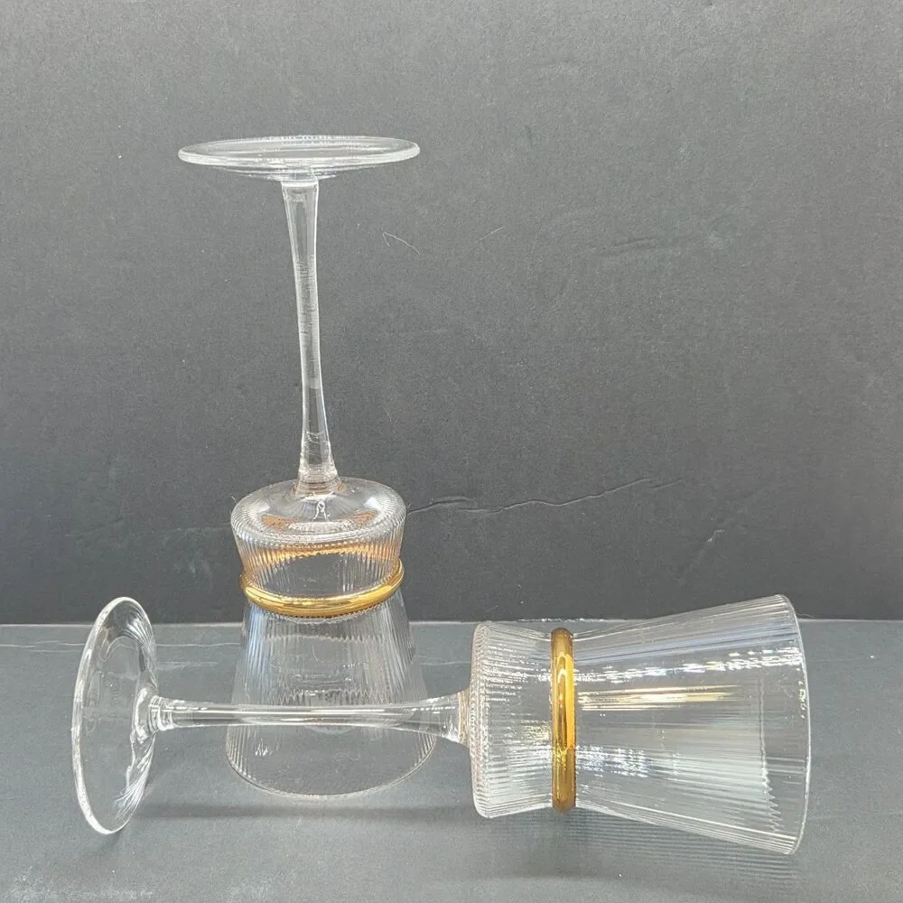Ribbed Wine Glasses Set Of 2 With Gold Ring 9 1/4